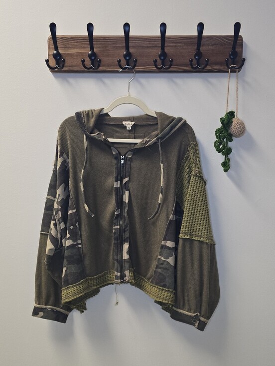 POL Tops - POL Mixed Media Patchwork Camo Waffle Knit Zip-Up Hoodie